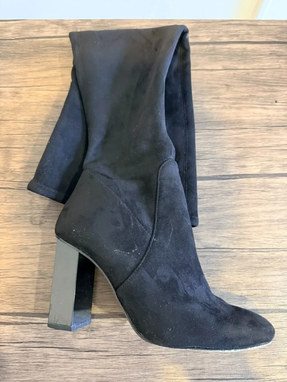Black Suede Knee-High Heeled Boots